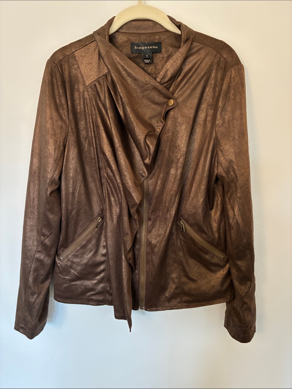 Bagatelle Metallic Burned Cinnamon Open Drape  Faux Leather Jacket